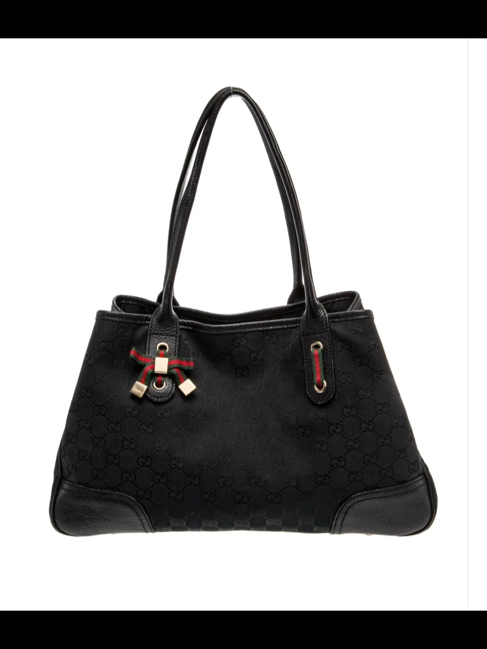 Gucci Black GG Canvas Shoulder Tote with Signature Web Ribbon